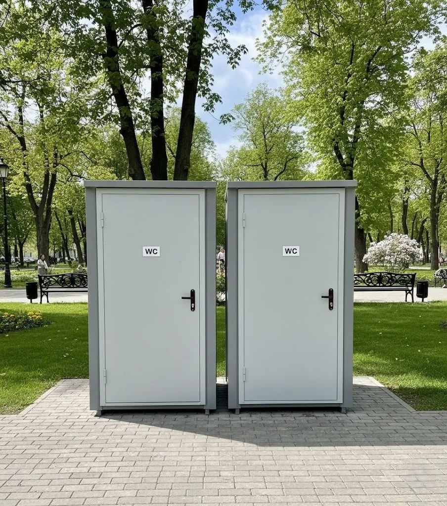 Две утеплённые туалетные кабины с табличками WC на мощёной площадке в парке